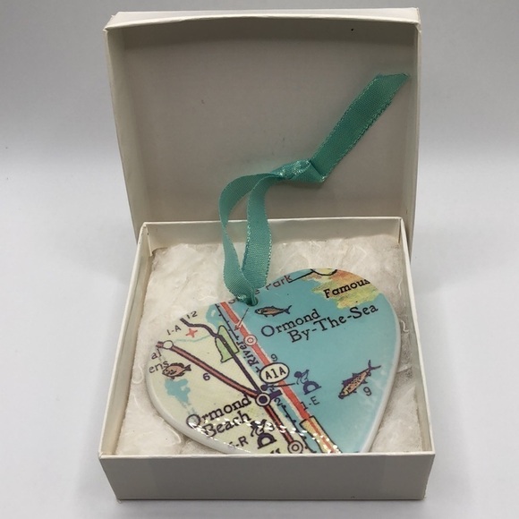 Ormond By The Sea Florida Map Heart Ornament Porcelain In Sea Blue - Picture 5 of 5